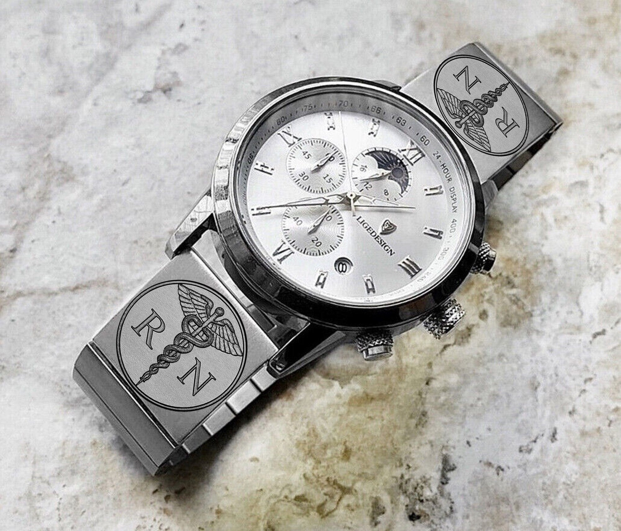 Registered Nurse Engraved Watch Band for 22mm 24mm 25mm Lugs Traditional Casual Luxury and Smartwatches Stainless Steel Strap Bracelet RN1